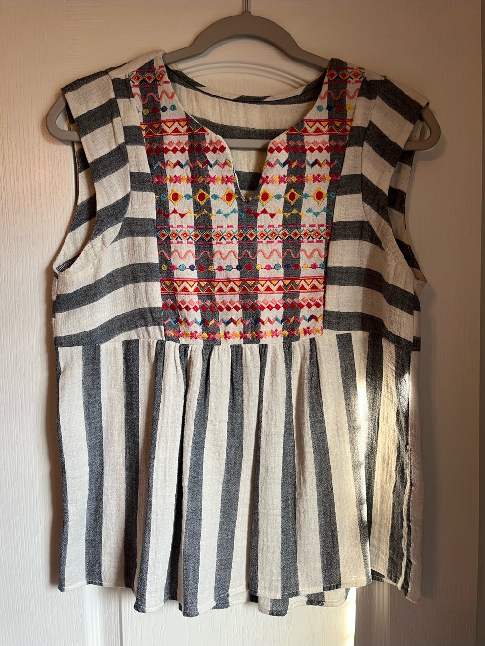 Striped Sleeveless Peasant Blouse with Embroidered Yoke - Blue & Cream